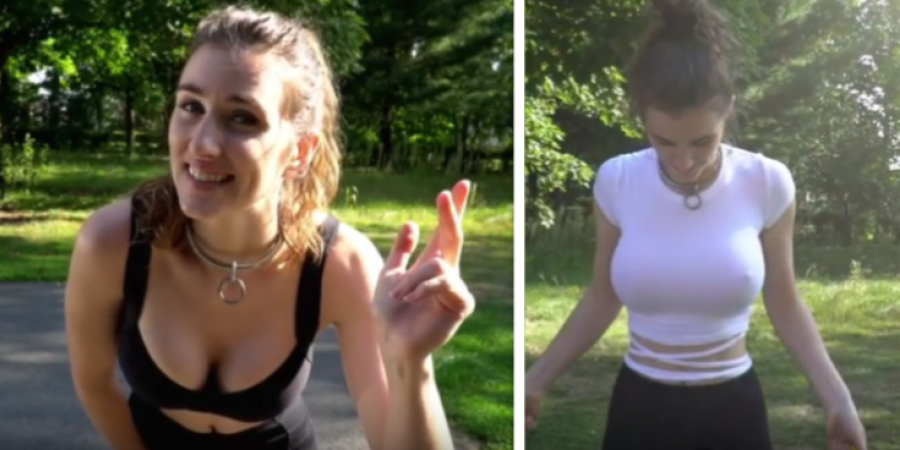 Babe tests out sports bra v no bra while using a skipping rope