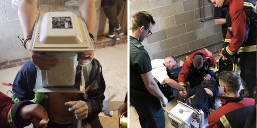 Fire brigade fuming after YouTuber cements microwave to his head
