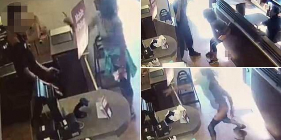 Angry woman takes a shit on restaurant floor and throws it at the waiter