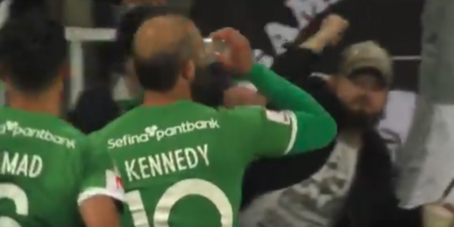 Swedish footballer celebrates goal by catching a beer from the crowd and downing it