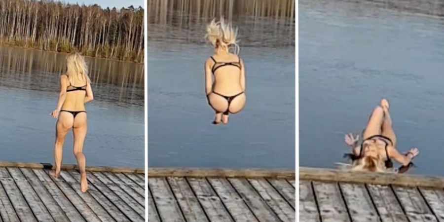Semi-naked Russian woman busts her ankle trying to jump into a frozen lake