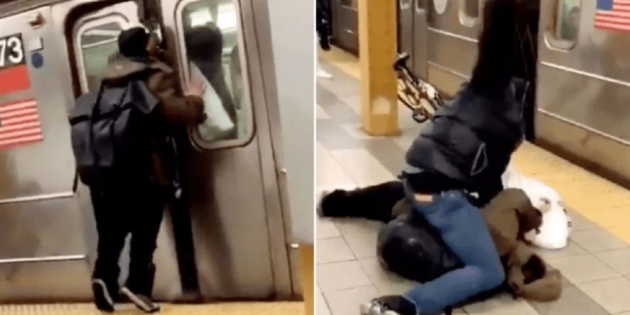 Dude gets KO'd after spitting in guys face through closing subway doors!