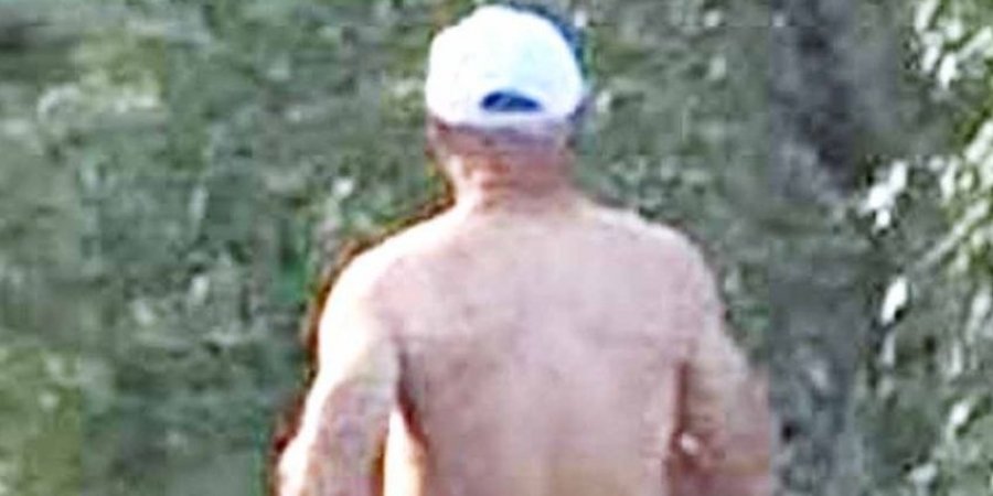 Dude seen hiking in bright pink thong & work boots