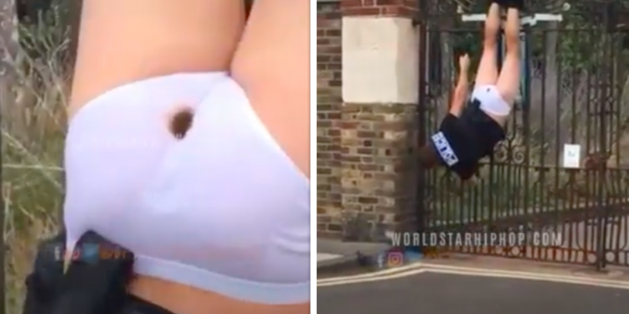Policeman caught hanging upside down with poo stains after chasing suspect